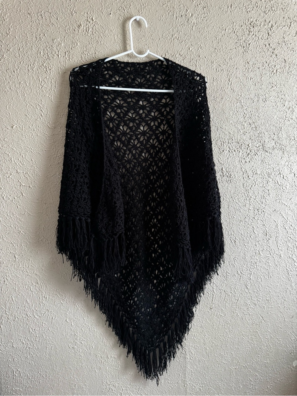 Open-Front Black Crochet Poncho Shrug with Fringe